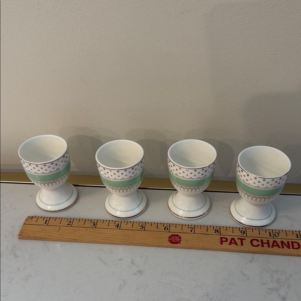 GRACE TEAWARE MINT GREEN GOLD Pin DOTS EGG CUP HOLDER STAND 4PC - Picture 2 of 5